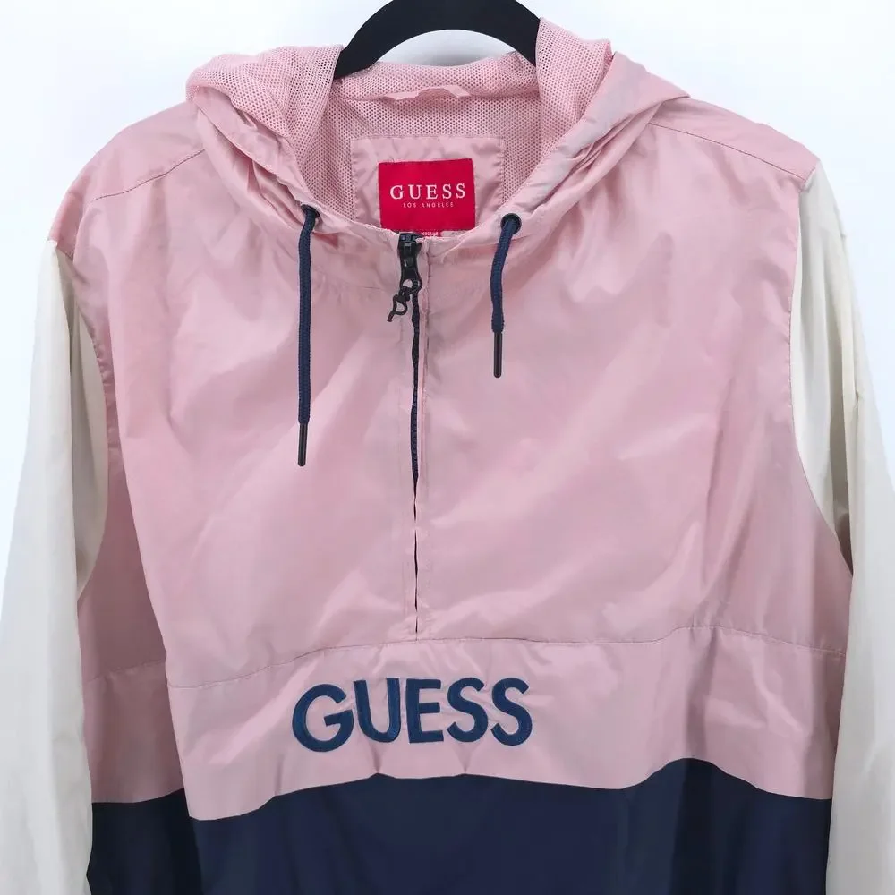 Guess Mens Colorblock Hooded Half Zip Pullover Windbreaker Zipper Front Pocket L - Picture 2 of 13